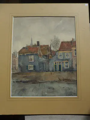 Piet Kramer - Aquarel. Zicht op Delft, Oosterstraat met op de achtergrond 2 torentje. kopen? Bied vanaf 50!