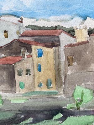 Jan Nolte - aquarel - 'Mediterraans dorp in berglandschap' (UNIEK WERK) kopen? Bied vanaf 75!