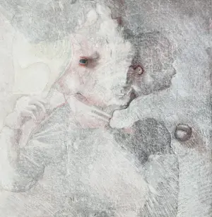 Robert Detheux - Die Verrückte mit der Fliege – Großes surrealistisches Traumgemälde von 1979 – 90 x 90 cm kopen? Bied vanaf 950!