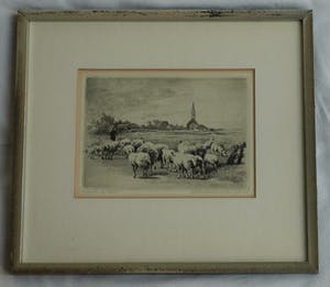 Maarten Langbroek - Ingelijste ets, Voorjaar op Texel – ca. 1970 kopen? Bied vanaf 35!