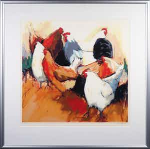 Gerda Elfring - Zeefdruk, Kippen - Ingelijst verkocht voor € 20!