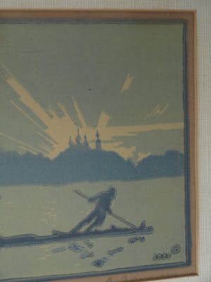 Niet of onleesbaar gesigneerd - Ingelijste litho, Man op vlot – 1921 kopen? Bied vanaf 10!