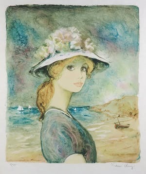 Bernard Charoy - Litho, Meisje op het strand - Ingelijst kopen? Bied vanaf 1!