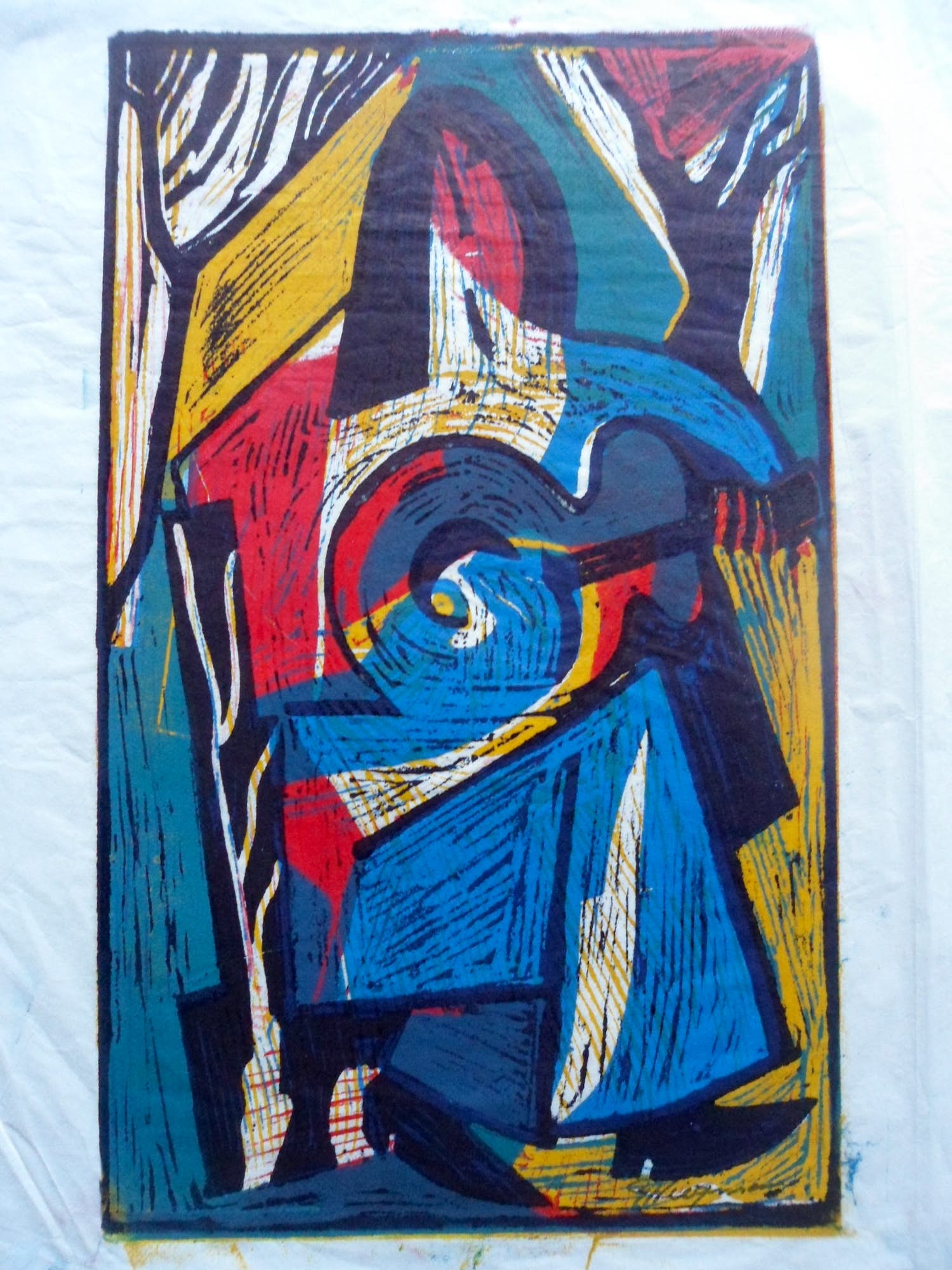 Piet Wiegman (II) - Houtsnede. Vrouw met gitaar. kopen? Bied vanaf 40!