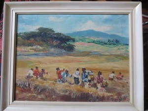 Sujatno Koempoel - Indonesie Landschap werkers op rijstvelden. kopen? Bied vanaf 160!