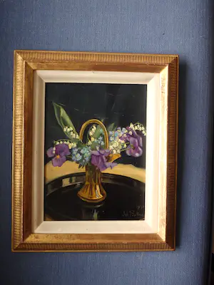 AcheterNiet of onleesbaar gesigneerd - Viooltjes, Lelietjesvandalen, Vergeetmijnietjes in vaasje -Joh.J.Galino? Enchérissez de 1!