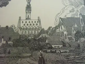 Wijnand Otto Jan Nieuwenkamp - STADHUIS TE VEERE /// HOUTSNEDE VAN W.O.J.NIEUWENKAMP kopen? Bied vanaf 40!