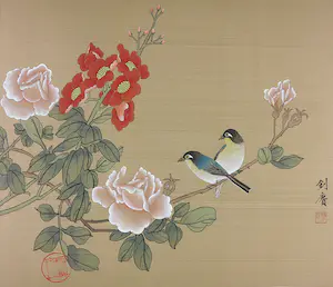 Niet of onleesbaar gesigneerd - Lot van 4 Japanse aquarellen op zijde, bloemen en vogels kopen? Bied vanaf 1!