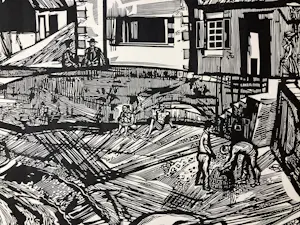 Wim Zwiers - Linosnede 'Haven van Ploumanach-Bretagne' uit 1961. Gesigneerd. kopen? Bied vanaf 25!