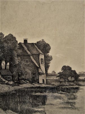 Niet of onleesbaar gesigneerd - omstreeks 1920 - Pointillistische Inkt tekening - Huis aan rivier - gesigneerd kopen? Bied vanaf 1!