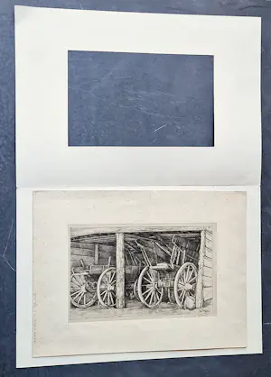 Anna Egter van Wissekerke - fraaie realistische jaren 30 Ets - karren in schuur - potlood gesigneerd kopen? Bied vanaf 38!