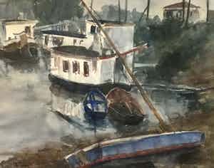 Jits Bakker - C4496-1, Boten langs de kade verkocht voor € 150!