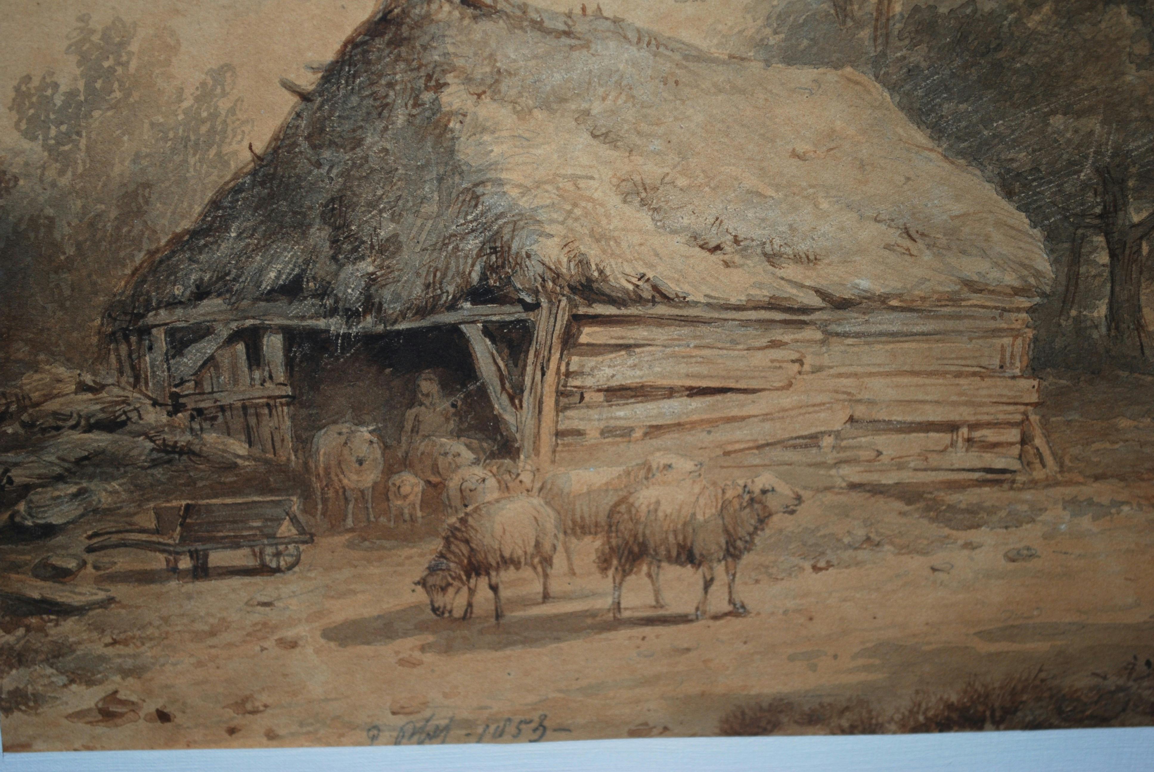 Pieter Plas - Schaapskooi met een herder - fraai ingelijste aquarel uit 1853 kopen? Bied vanaf 75!