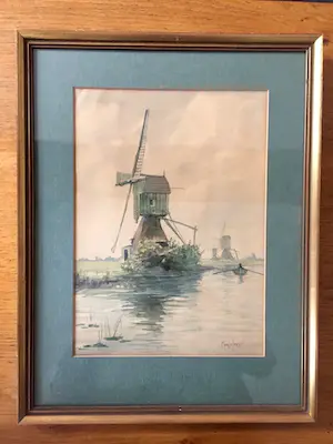 Marius Janssen - Landschap met Molen - Aquarel, Ingelijst kopen? Bied vanaf 55!