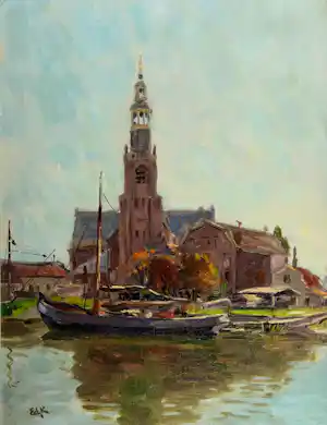 Edzard Koning - Ingelijste maroufle: Grote kerk Maassluis verkocht voor € 225!