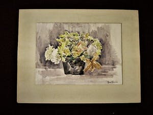 Ronald Terpstra - gesigneerd impressionistisch aquarel stilleven paars-gele bloemen kopen? Bied vanaf 30!