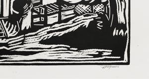 Piet Wiegman (II) - 2 linosneden - café en woonwagen (in de tuin van Sientje van Noort) kopen? Bied vanaf 20!