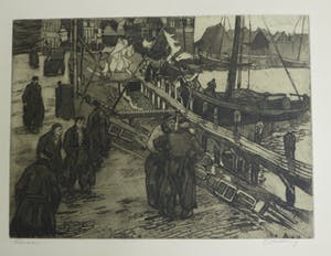 Cees Bolding - Volendams havengezicht met vissersschepen en mannen in dracht kopen? Bied vanaf 60!