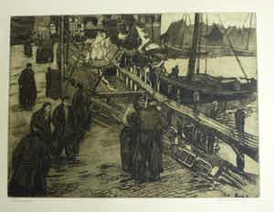 Cees Bolding - Volendams havengezicht met vissersschepen en mannen in dracht verkocht voor € 60!