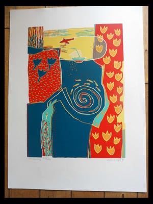 Diana van Hal - gesigneerde linosnede , Titel, "Onderweg". kopen? Bied vanaf 35!