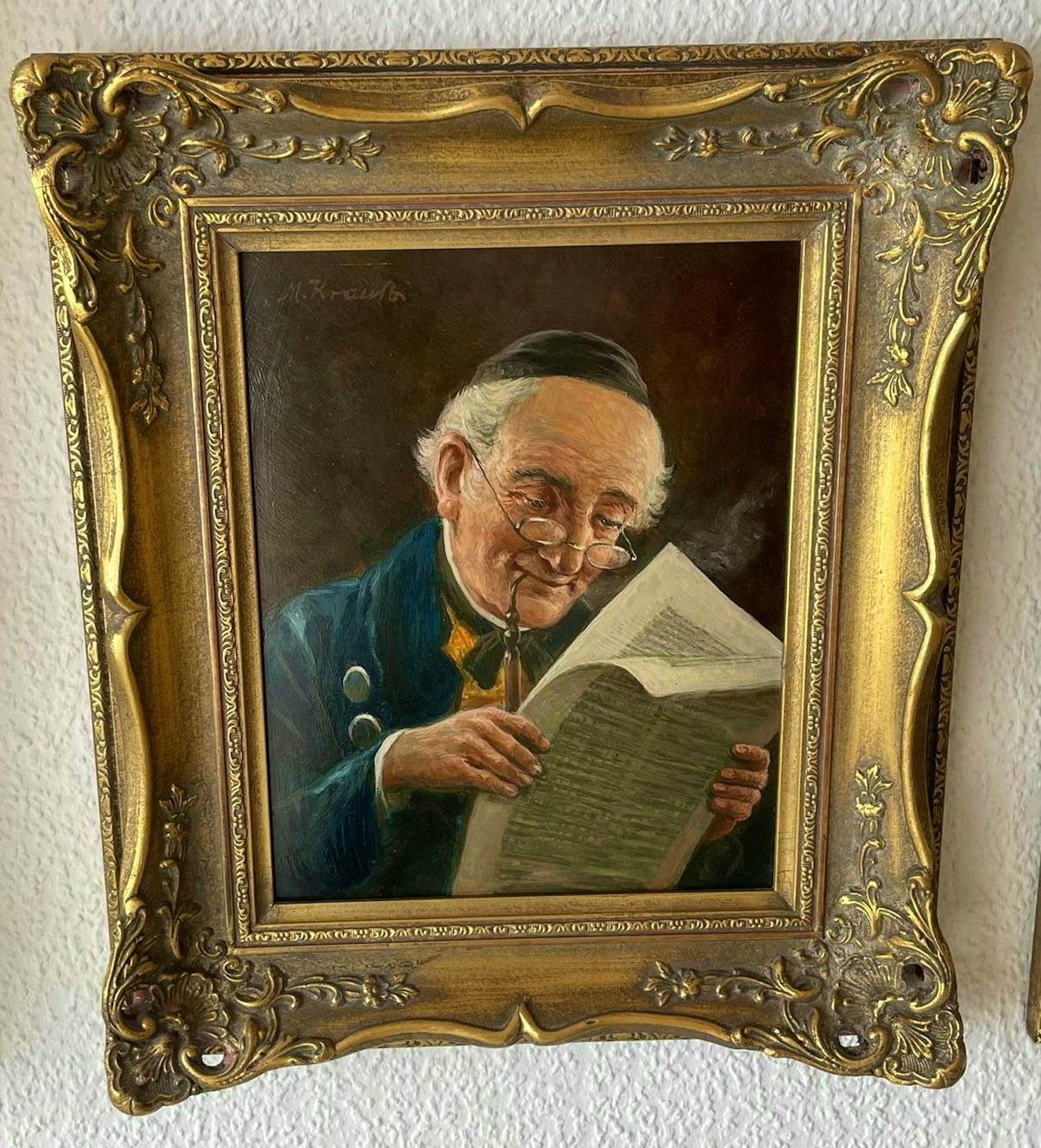 Max Krauss - 2 Bilder : Zeitung lesender Mönch und strickende ältere Dame kopen? Bied vanaf 125!