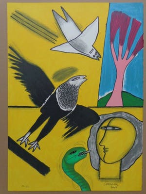 Corneille - GEEL HOOFD & VOGEL / KLEURLITHO / 70x50cm / SIG / 2001 kopen? Bied vanaf 95!