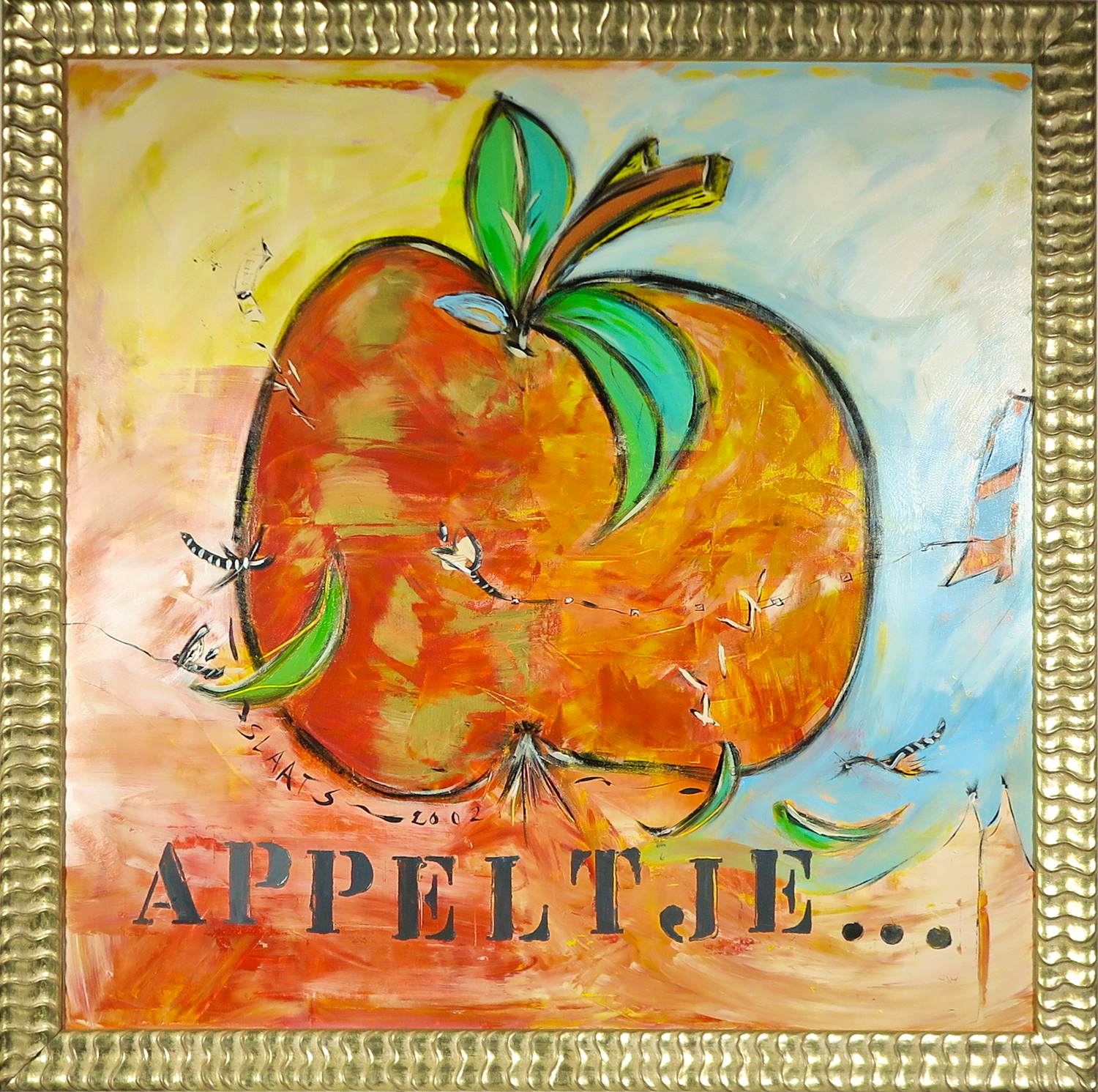 Miriam Slaats - Acryl op doek, Appeltje ....... 't is voor de dorst! - Ingelijst (Groot) kopen? Bied vanaf 400!