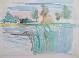 Andre van der Vossen - aquarel - zonder lijst - goede staat - landschap met huisje bij het meer kopen? Bied vanaf 1!