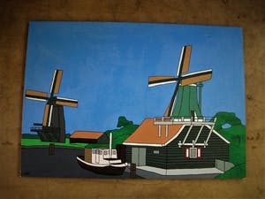 Laan Irodjojo - Outsider Art - GROOT Acrylverf op doek "Hollands Polderlandschap met Molens" ges kopen? Bied vanaf 20!