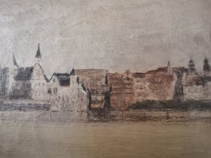 Niet of onleesbaar gesigneerd - Zicht op de jachthaven van Antwerpen met historisch stadscentrum op achtergrond kopen? Bied vanaf 1!