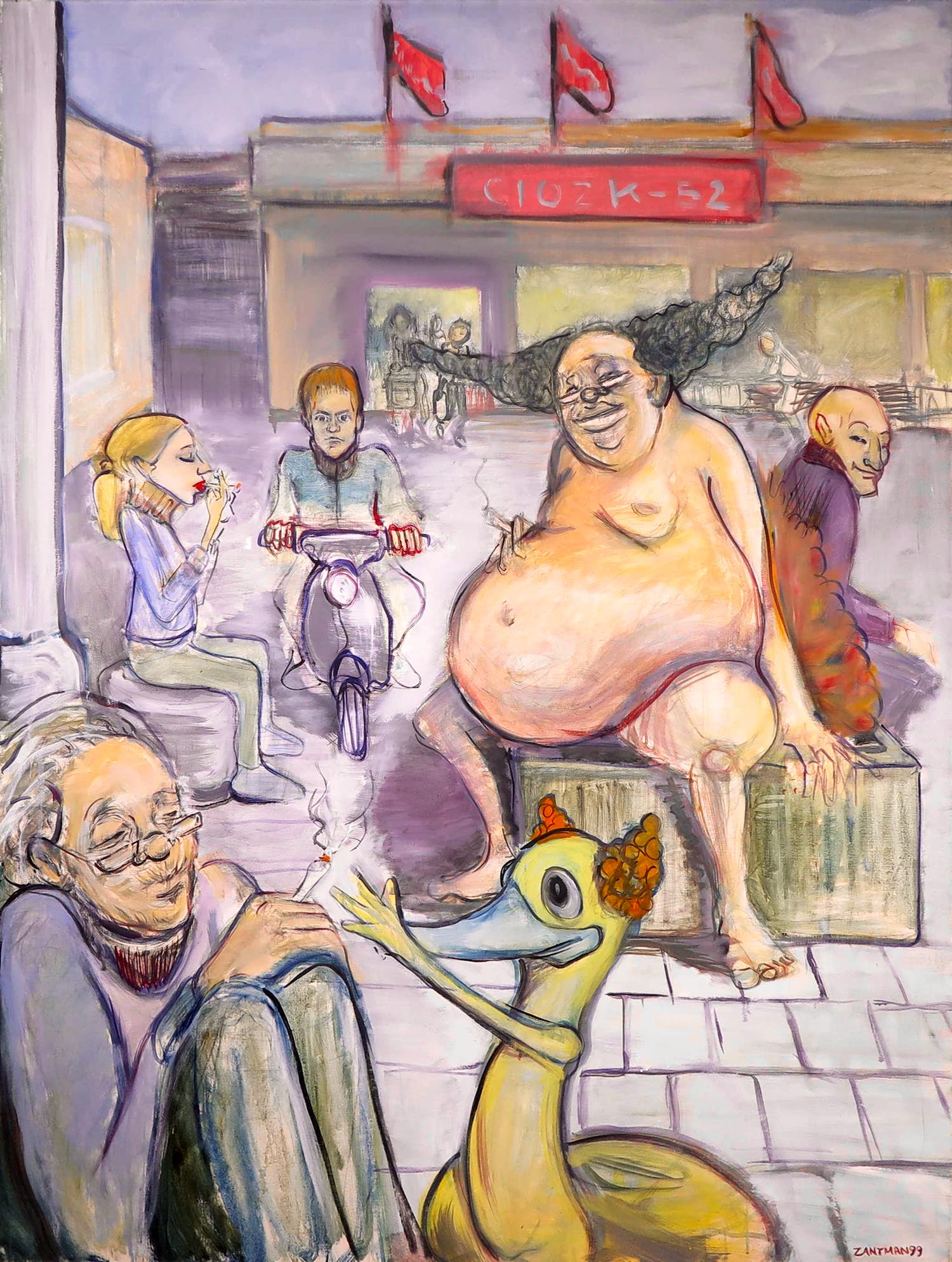 Hans Zantman - Acrylverf op doek, Bij het winkelcentrum (Zeer groot) kopen? Bied vanaf 1!