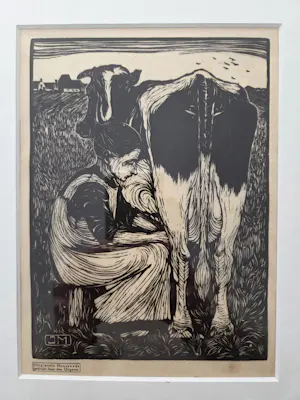 Jan Mankes - Melkster. Ingelijst. Houtsnede. kopen? Bied vanaf 179!