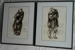 Niet of onleesbaar gesigneerd - 2x Ingelijste inkttekening , “Berthold Brecht & Mutter Courage” kopen? Bied vanaf 1!