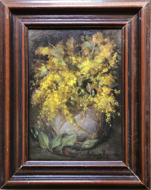 Antonia Vogelzang - "Mimosa in grijze aarden Vaas". kopen? Bied vanaf 60!