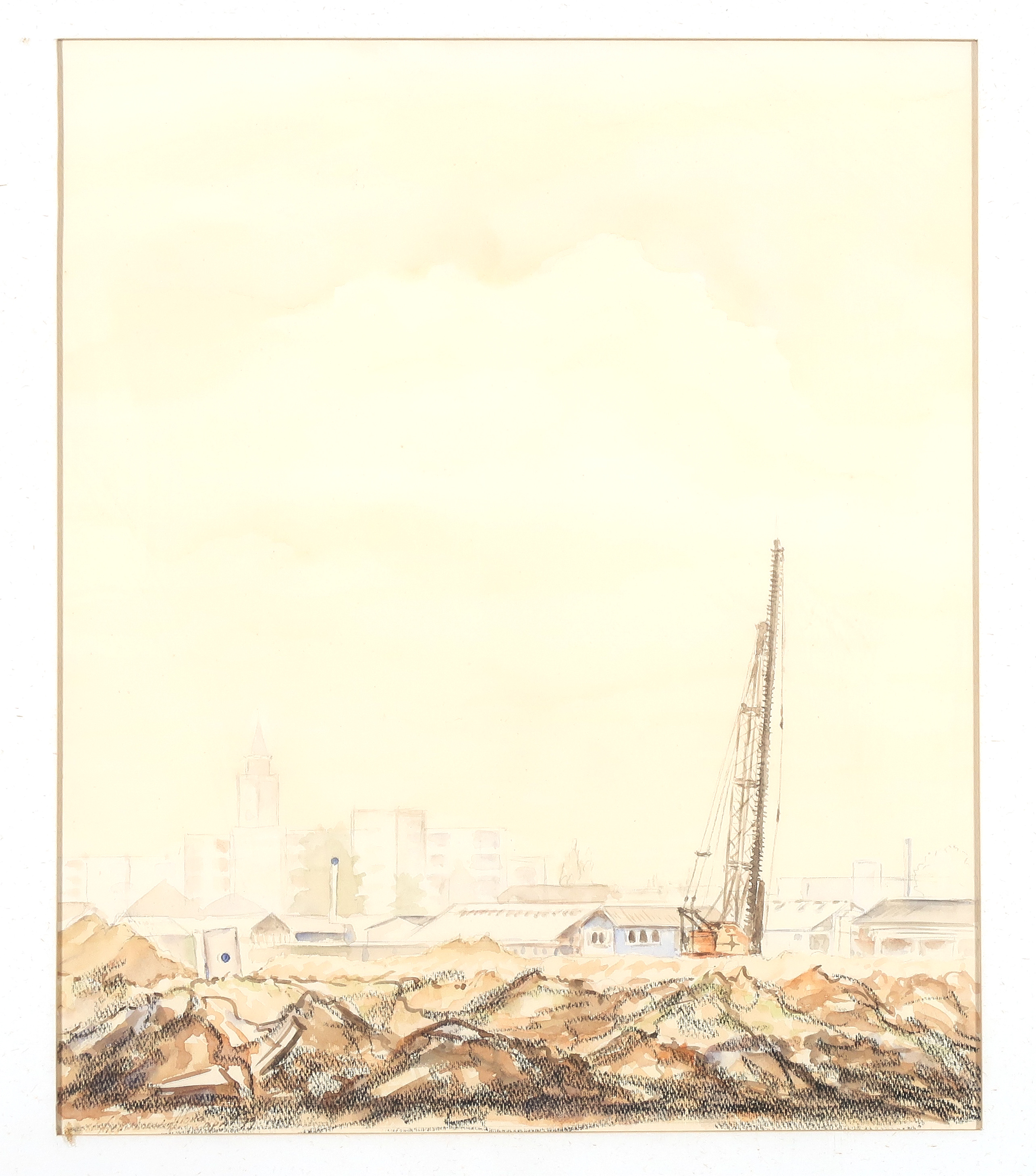 Niet of onleesbaar gesigneerd - Aquarel en krijt, Bouwkraan bij gebouwen - Ingelijst kopen? Bied vanaf 1!