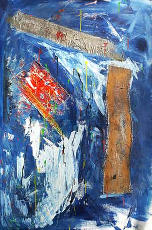 Niet of onleesbaar gesigneerd - Abstracte compositie, gemengde techniek op doek (groot!) verkocht voor € 1!