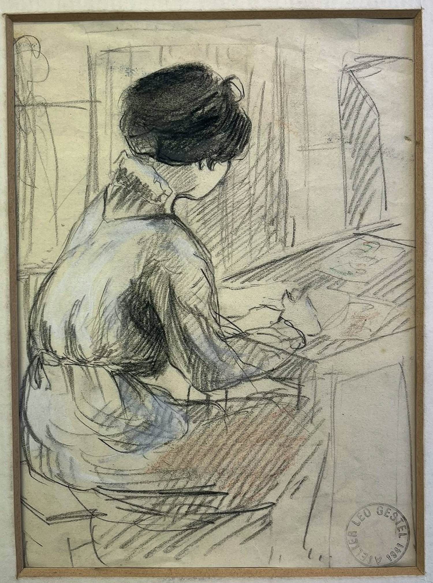 Leo Gestel - De vrouw van de kunstenaar aan het tekenen - met atelierstempel kopen? Bied vanaf 240!