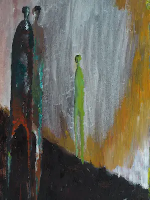 Peter Leyenaar - (1923-2023) , Acrylverf op canvasboard , Lange figuren II - 1986 kopen? Bied vanaf 50!