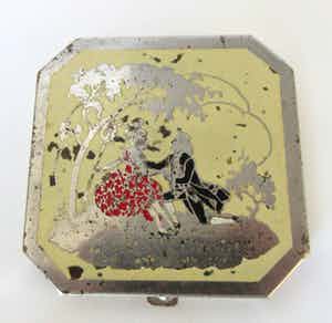 Niet of onleesbaar gesigneerd - Art deco Franse emaille en metalen achthoekige poederdoos verkocht voor € 10!