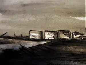 Jelle Hoogstra - Grote verstilde Gouache "aanleg Europoort Rotterdam 1963" gesigneerd kopen? Bied vanaf 46!