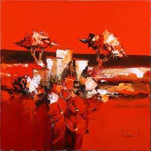 Victor Turban - Acryl op doek, Z.T. Compositie met rode bloemen verkocht voor € 10!