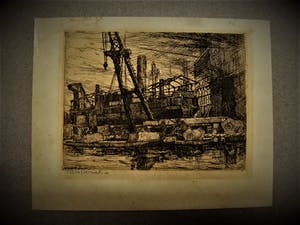 Pieter Hofman - Grafisch meesterwerkje "Dok met schip in aanbouw haven Rotterdam " gesigneerd kopen? Bied vanaf 20!