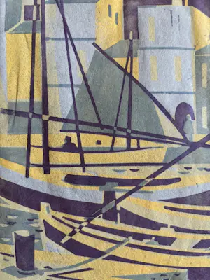 Geert Geerligs - linosnede: bootjes in de haven kopen? Bied vanaf 35!