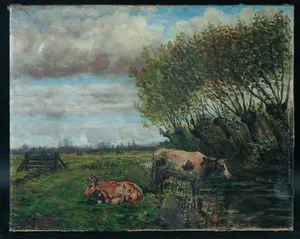 Niet of onleesbaar gesigneerd - Olieverf op doek, Landschap met koeien kopen? Bied vanaf 1!