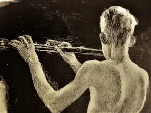 Huub Gerretsen - Jaren 60 - lithografie op papier - naakte jongeman met dwarsfluit - gesigneerd kopen? Bied vanaf 31!