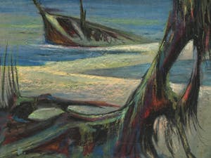 Klaas Pijlman - Oliepastelkrijt op papier , “Gezonken op het strand” – gesigneerd – 1967 kopen? Bied vanaf 10!