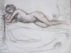 Willem van Dort (sr.) - Liggend Naakt - Tekening verkocht voor € 55!