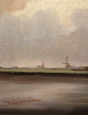 Niet of onleesbaar gesigneerd - Hollandse School (20e eeuw) - van Schaik??? - Dorp aan het water kopen? Bied vanaf 1!