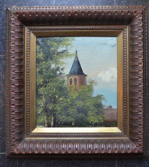 Niet of onleesbaar gesigneerd - Dorpsgezicht met kerktoren - Olieverf op doek kopen? Bied vanaf 10!