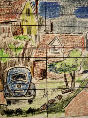 Hubert Bekman - "Nieuwe Haagse school" fraaie pastel tekening "Dorp in Westland met VW Kever!" kopen? Bied vanaf 17!